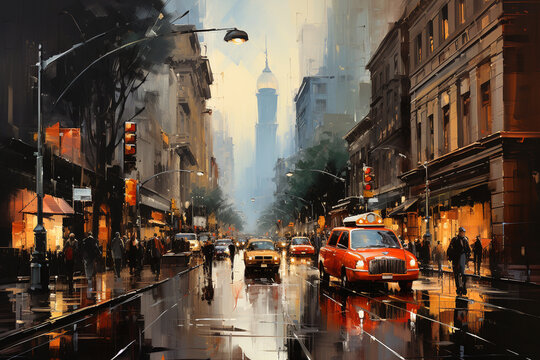Oil painting of street in New York, Generative AI