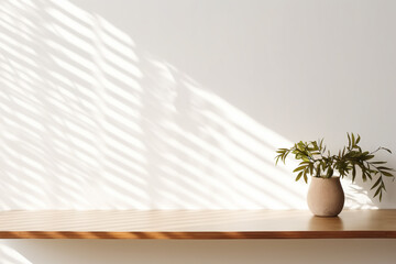 Table shadow background. Wooden table and white empty wall with plant shadows