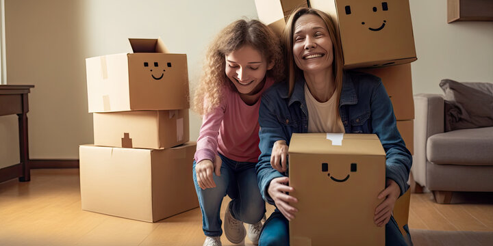 A happy family with cardboard boxes in their new house during a move - Generative AI