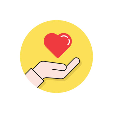 recommend clip art: round yellow charity logo with heart in hand. cartoon flat trend modern simple compassion logotype graphic art design isolated on white. concept of donor woman or man arms and crowdfunding for poverty