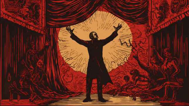 Magician Actor Theater Stage, Curtains, Stars, Vintage Woodcut, Illustrative, Generative AI