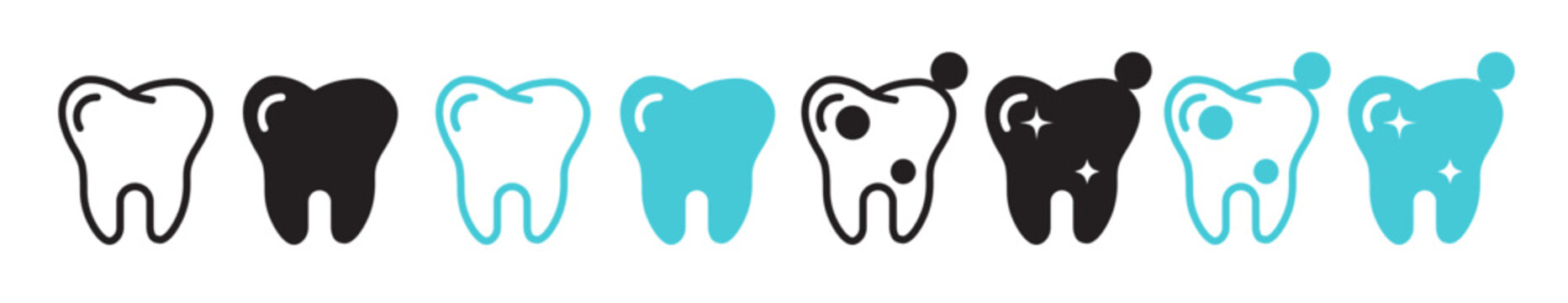 Healthy tooth vector icon set in black and blue color. Clean shiny tooth icon set. Teeth whitening symbol. Dental pictogram.