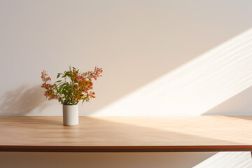 Table shadow background. Wooden table and white empty wall with plant shadows