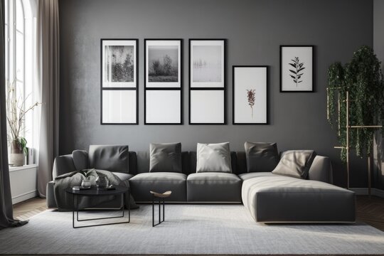 Interior space with four picture frames on the wall, no furniture, and a simple monochrome black and metallic silver color scheme. Generative AI