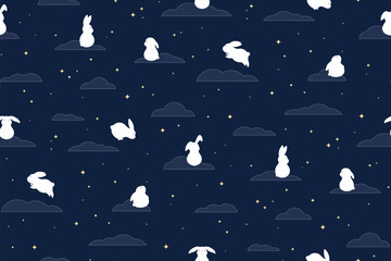 Cute rabbits, clouds, stars seamless pattern on blue background. Hand drawn vector illustration. Flat style design. Traditional Asian holiday Mid Autumn Festival print, packaging, paper