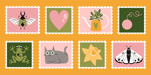 Set of cute hand-drawn post stamps with natural plant elements, attributes like flowers, moth, frog. Trendy modern vector illustartions in Cartoon style