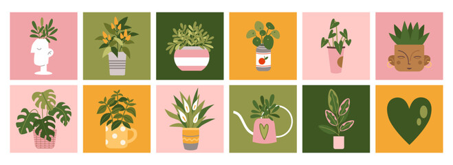 Set with Houseplants, cute square stickers, cartoon style. Urban Cozy home. Trendy modern isolated vector illustration, hand drawn, flat