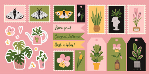 Decorative set with Houseplants, flowers and nature elements, cartoon style. Labels, postage stamps and stickers for decoration of the holiday. Trendy vector illustration, flat design © WinWinFolly