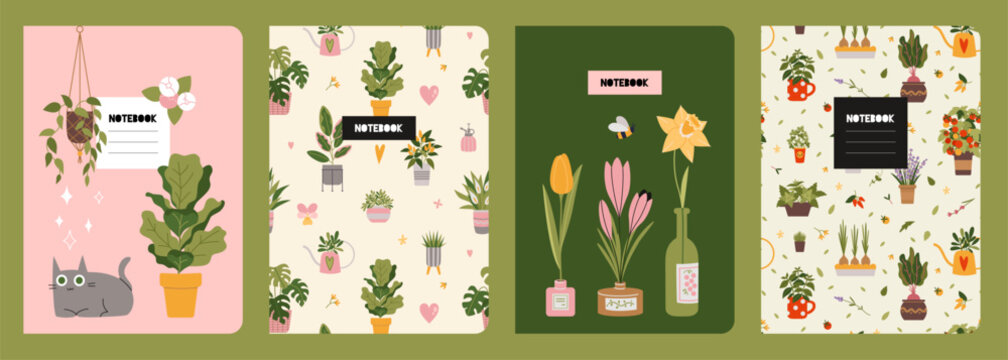 Trendy covers set on a plants theme, cartoon style vector illustration. Cool design with floral seamless patterns and cute cozy home objects. For notebooks, planners, brochures, books and catalogs