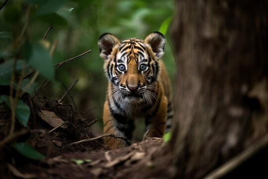Adorable young bengal tiger cub in nature. Amazing Wildlife. Generative Ai