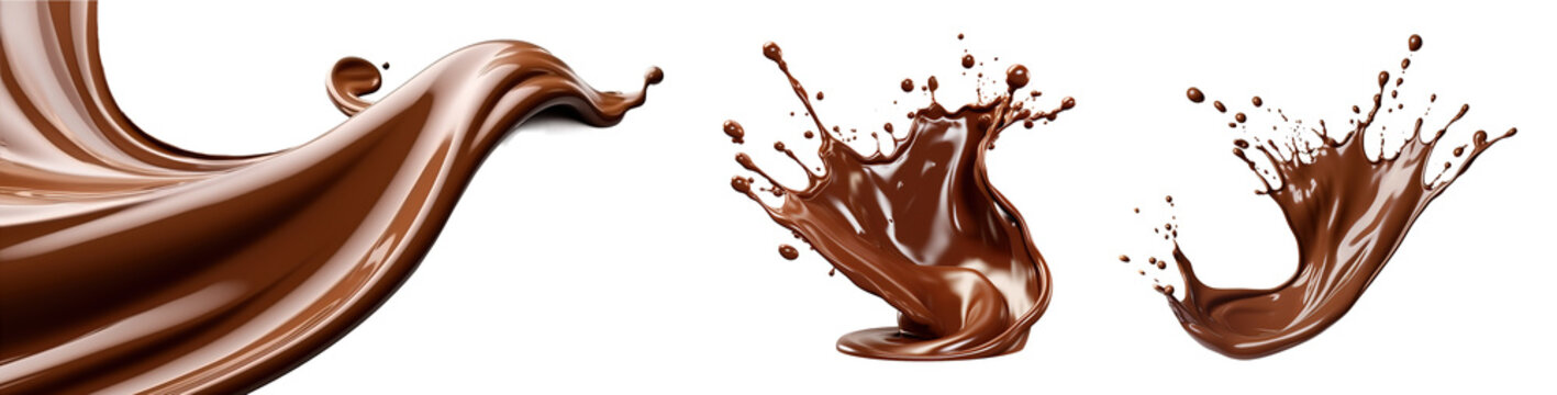 Melting chocolate burst explosion splash in the air. Isolated on transparent background.