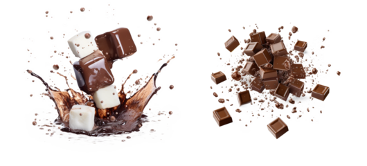 liquid chocolate and bonbons burst explosion splash in the air. Isolated on transparent background.