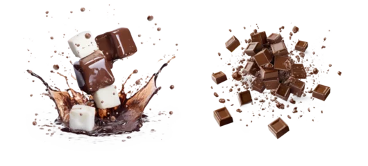 Fotobehang Macrofotografie liquid chocolate and bonbons burst explosion splash in the air. Isolated on transparent background.