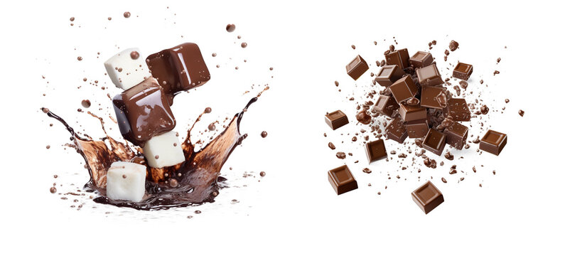 liquid chocolate and bonbons burst explosion splash in the air. Isolated on transparent background.