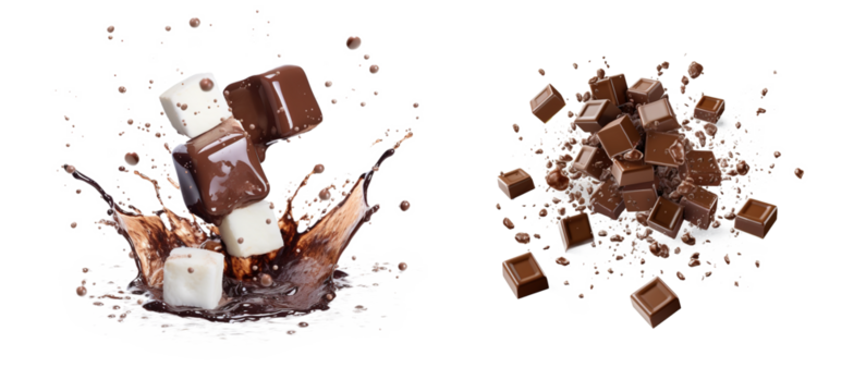 liquid chocolate and bonbons burst explosion splash in the air. Isolated on transparent background.