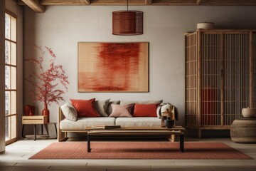 Japandi living room with white and red with plaster wall decoration. Minimalist macrame wall art and a cloth sofa. Wabi sabi interior design. Generative AI