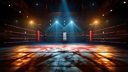 Boxing ring with illumination by spotlights. - obrazy, fototapety, plakaty