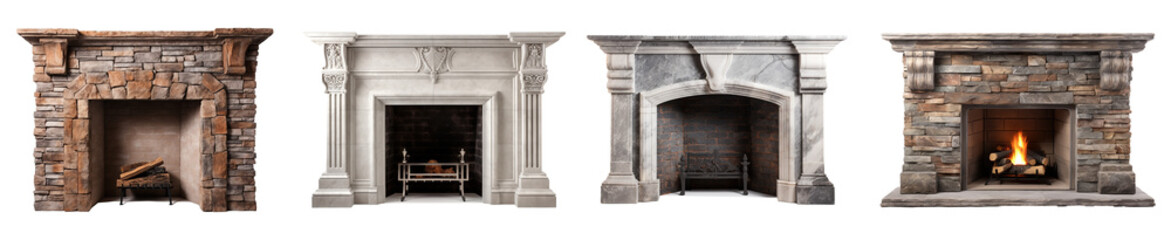 Fototapeta na wymiar fireplace modern, classic and stone style. beautiful lit fireplaces surrounded by modern tile. isolated on transparent background
