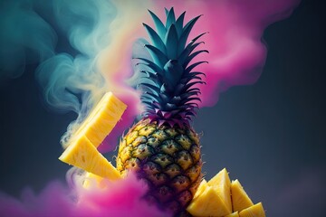 a pineapple photographed in the dark with colorfull smoke background, ai generative