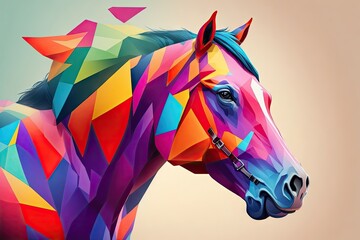 portrait polygon colorfull horse in action background, ai generative