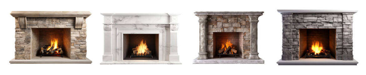 fireplace modern, classic and stone style.  beautiful lit fireplaces surrounded by modern tile. isolated on transparent background