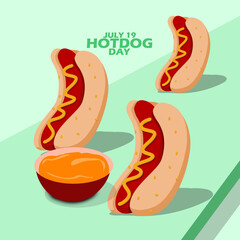 Several hot dogs standing on a table with bold text on light blue background to celebrate National Hot Dog Day on July 19