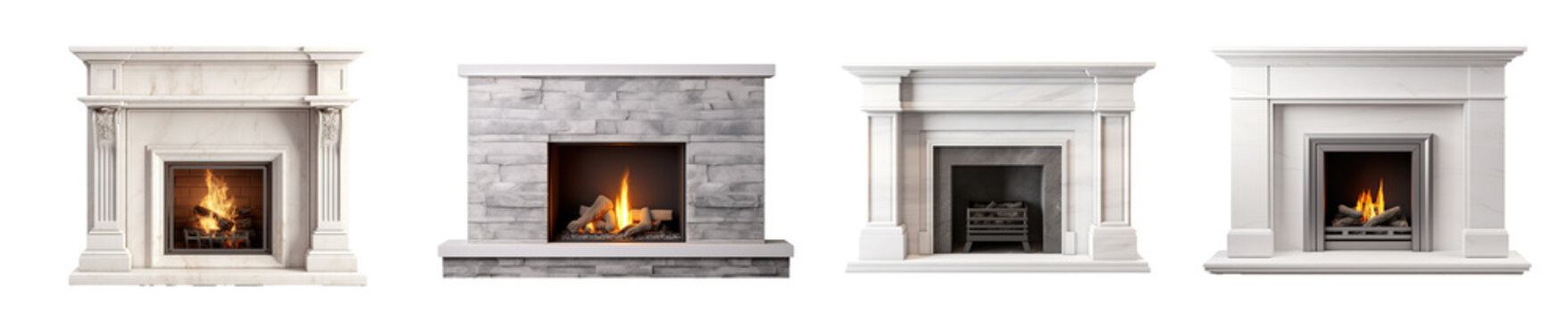fireplace modern, classic and stone style.  beautiful lit fireplaces surrounded by modern tile. isolated on transparent background