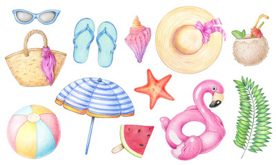 Summer icon set. Drawn with colored pencils. Sunglasses, flamingo, inflatable ball, starfish, cocktail, hat, ice cream, watermelon, umbrella, flip flops, palm leaf. Hand drawn design elements