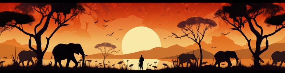 African savannah landscape with sunset, culture and nature concept. Generative AI