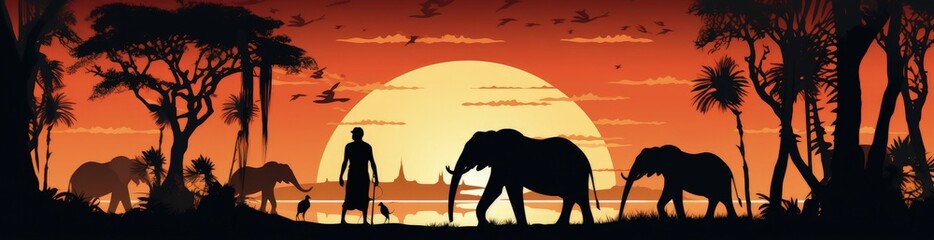Fototapeta premium African savannah landscape with sunset, culture and nature concept. Generative AI