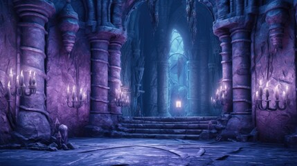 Interior of a medieval castle, game scene, shades of purple, fantasy concept. Generative AI