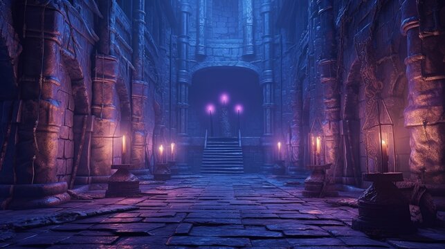 Interior Of A Medieval Castle, Game Scene, Shades Of Purple, Fantasy Concept. Generative AI