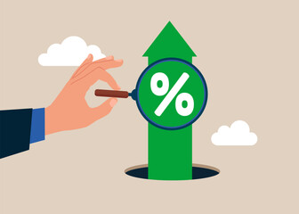Businessman hand with magnifying glass to see percentage graph height. Profit from an investment. Flat vector illustration.