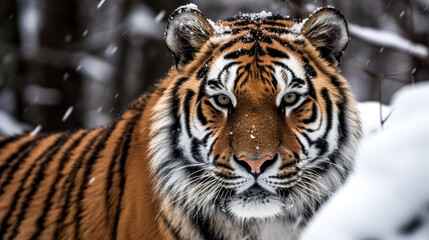 Tiger portrait in the winter forest, generative AI.