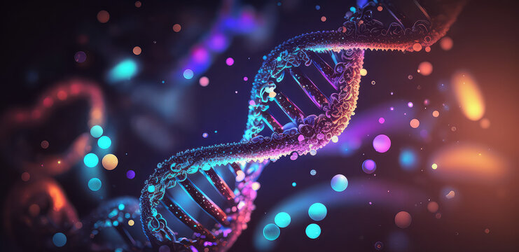 Helix, model of human DNA on futuristic digital illustration background. Post-processed generative AI
