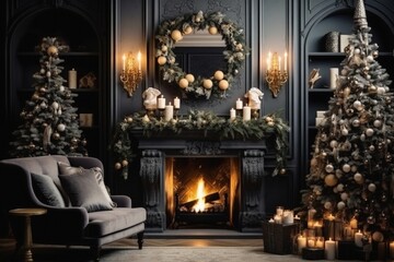 Fototapeta na wymiar Living room with fireplace, Christmas tree and gifts, digital illustration. Generative AI