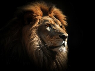 Naklejka premium Imposing lion on black background, digital illustration. Generative AI