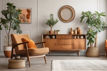 Living room in modern retro style with wooden vintage commode, furniture, light, plant, carpet, pillows, mock up gold poster frame, plants, decoration, and personal items. Generative AI