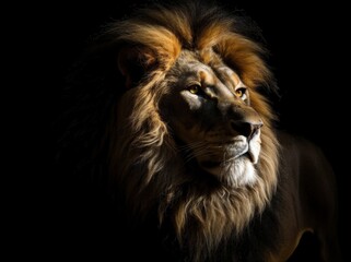 Imposing lion on black background, digital illustration. Generative AI