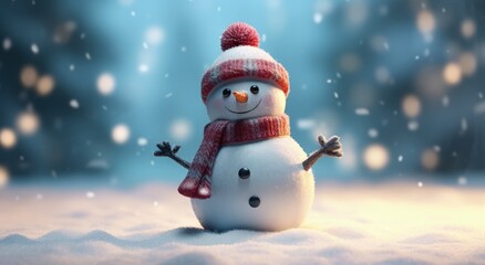 Fototapeta premium Snowman with hat and scarf, christmas concept, bokeh background. Generative AI