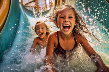 Happy kids splashing into a waterslide at aqua park for summer vacation. Generative ai illustration of summer fun vacation