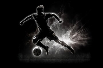 Soccer player and ball, dark background with lightning, digital illustration. Generative AI