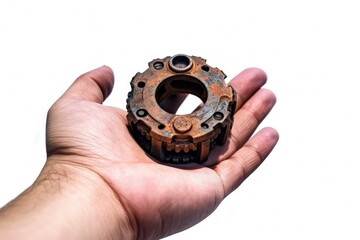 Hand with gear, ingenuity concept, background. Generative AI