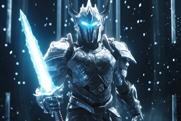 Fototapeta na wymiar Space soldier wearing futuristic armor and light sword, fantasy concept, digital illustration. Generative AI