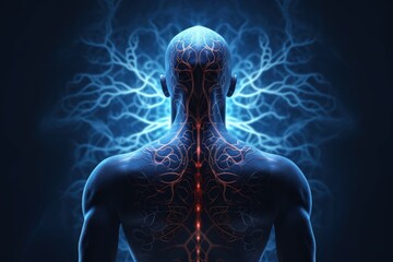 Cyborg, AI and technology concept, robot on dark blue background. Generative AI