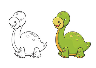 Coloring page with cartoon line dinosaur. Children education activity page. Paint coloring book. Vector drawing worksheet with cute animals.
