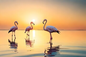 Vintage and retro collage photo of flamingos standing in clear blue sea with sunny sky summer season with cloud.
