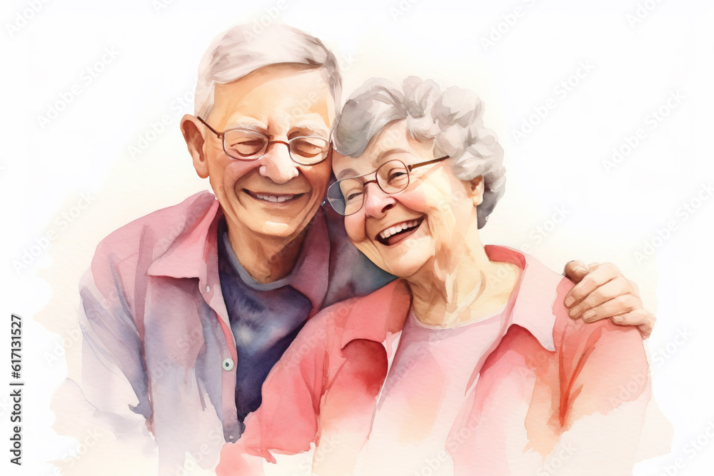 Wall mural Digital painting and drawing of Happy asian senior retired couple, relax smiling elder man and woman enjoying with retired vacation at sea beach outdoor. Health care, Family outdoor lifestyle - Wall murals