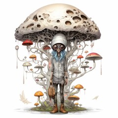 person with surreal mushroom umbrella