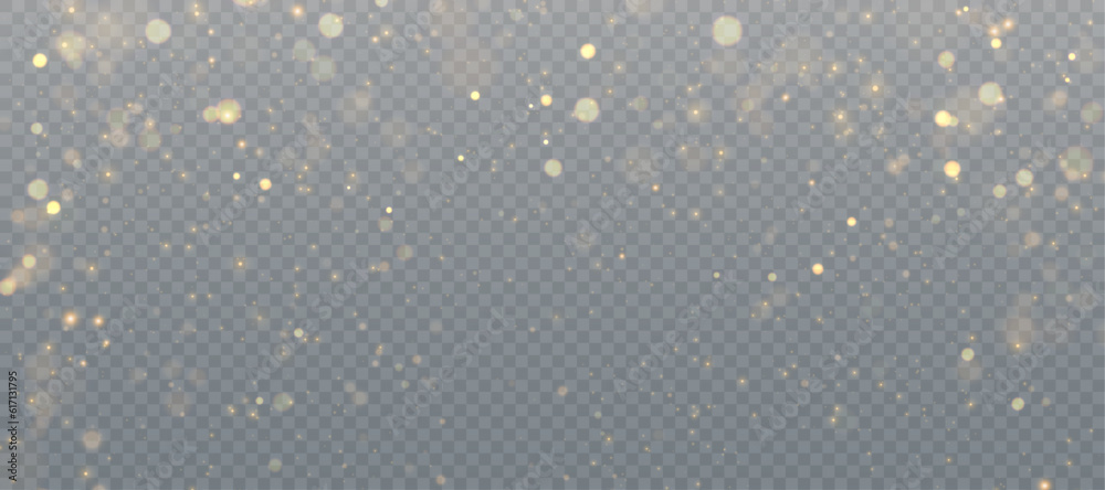 Poster abstract magic light dust effect with golden bokeh highlights on transparent background. christmas l